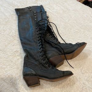 Jeffrey Campbell x Free People knee high lace up black leather boots